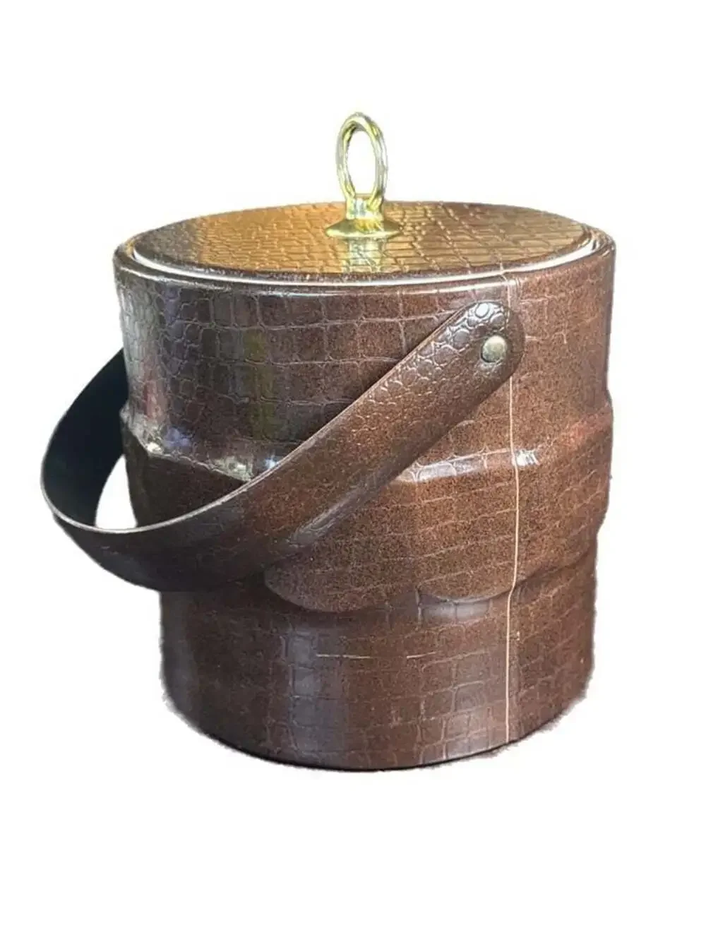 Vintage MCM Brown Faux Crocodile Embossed Leather Ice Bucket with Gold Ring